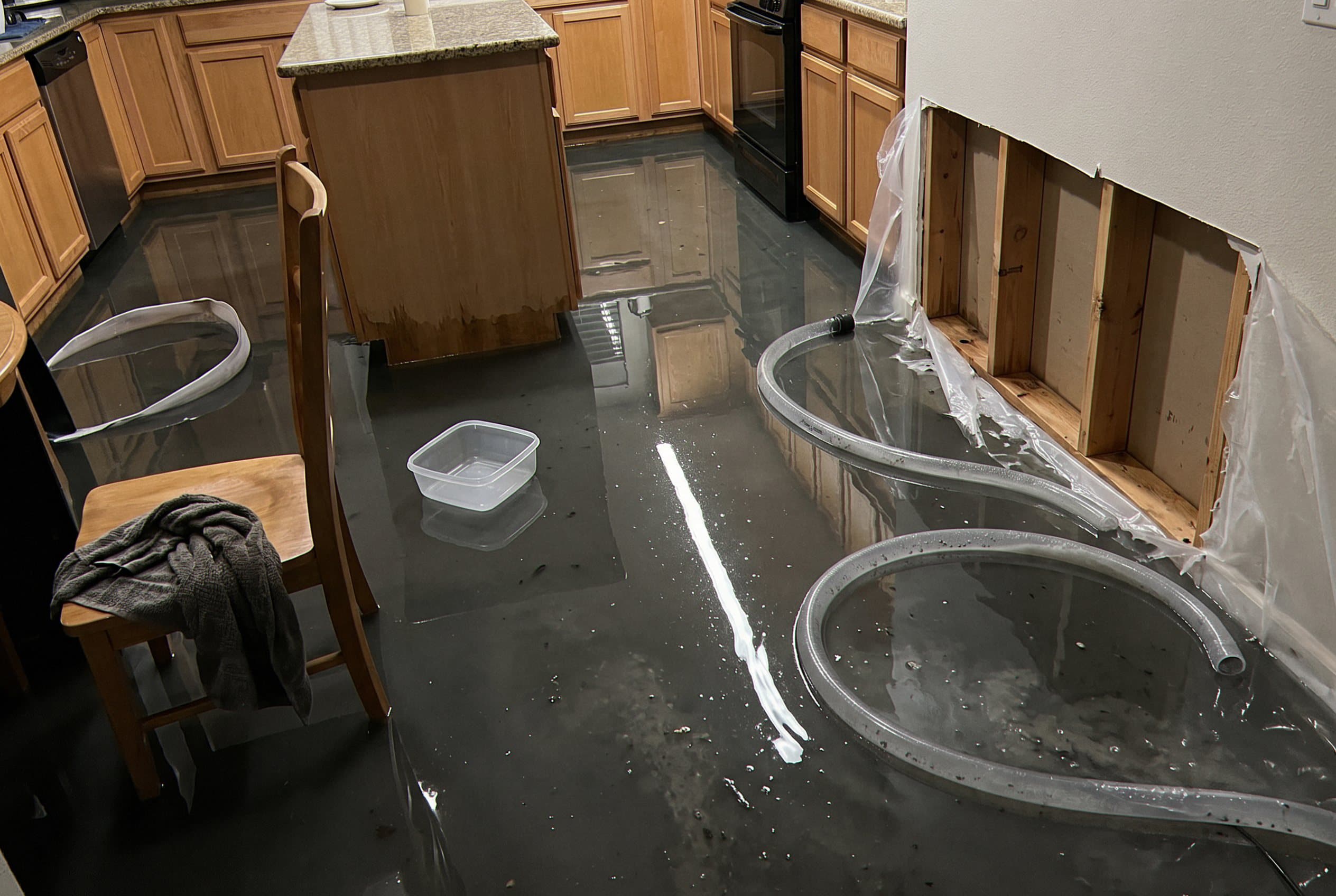 Flooded basement with standing water and saturated carpet