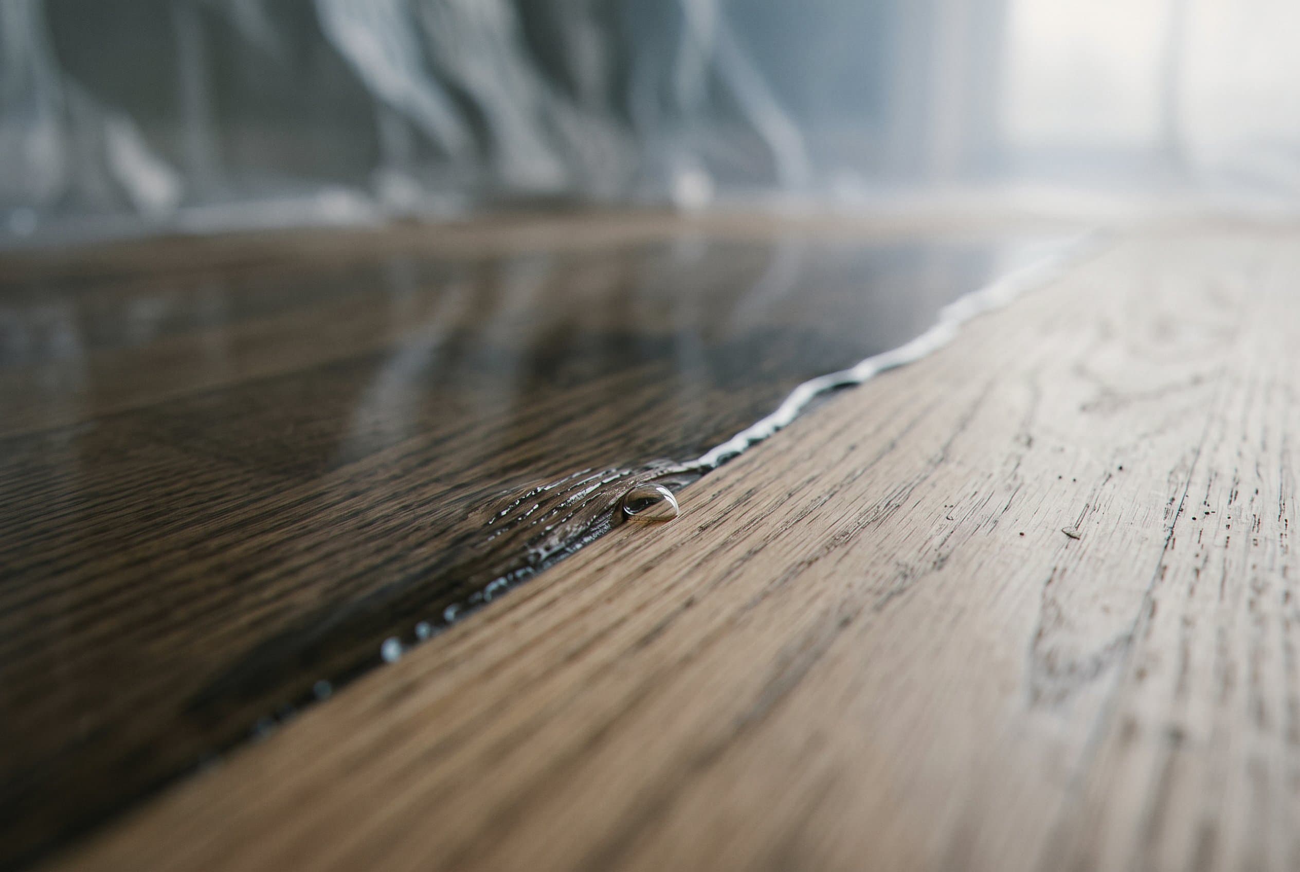 Close-up of water-damaged baseboards and drywall