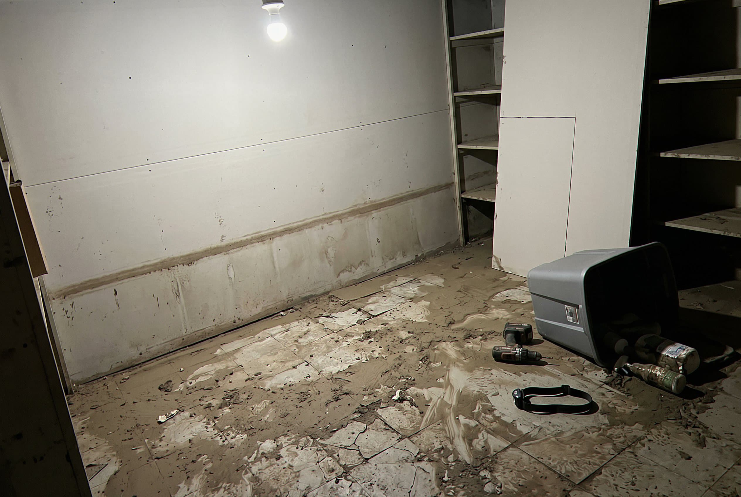 Deep standing water covering basement floor and walls