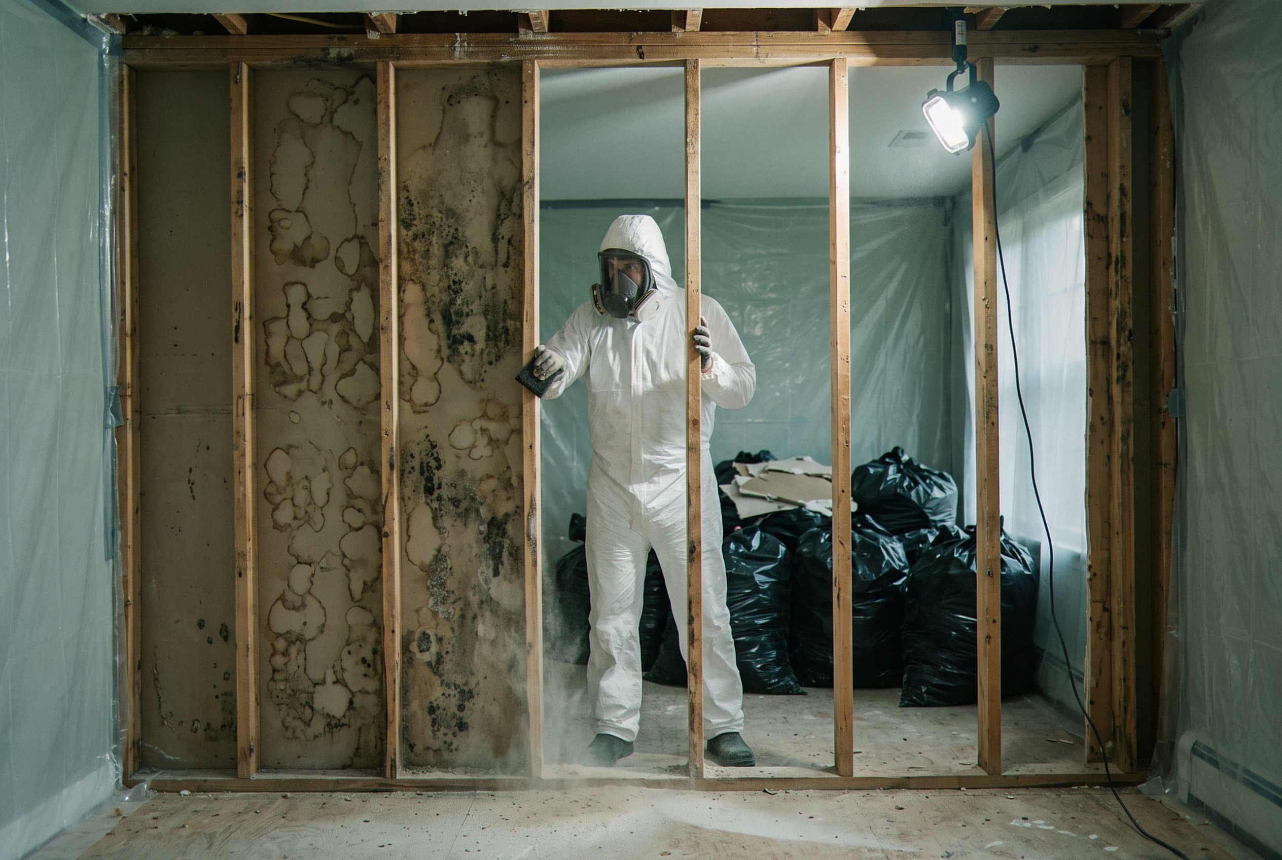 Technician removing mold-infected materials from containment area