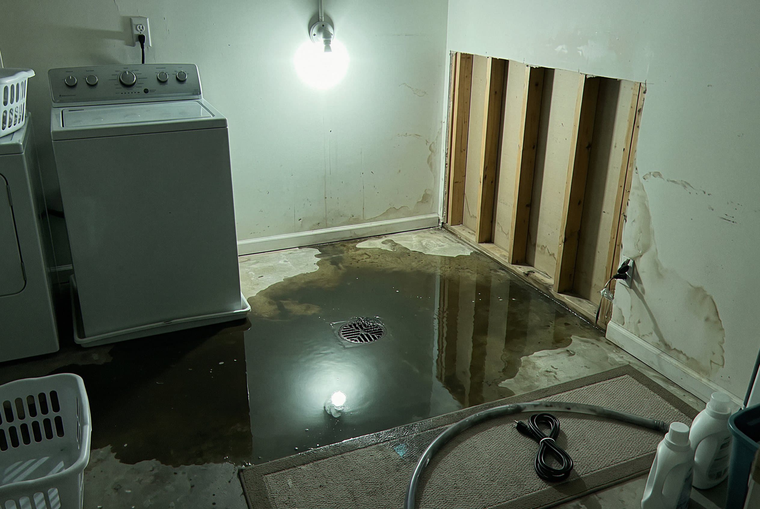 Basement contaminated with sewage backup water and debris