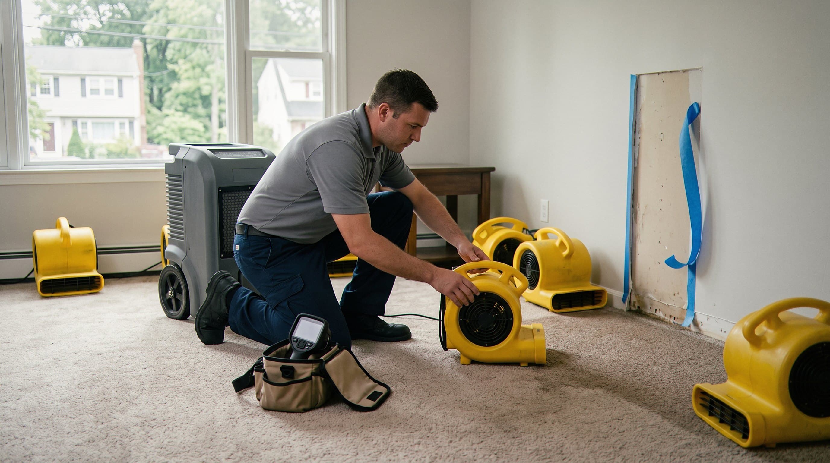 Air movers and dehumidifiers running in water-damaged room