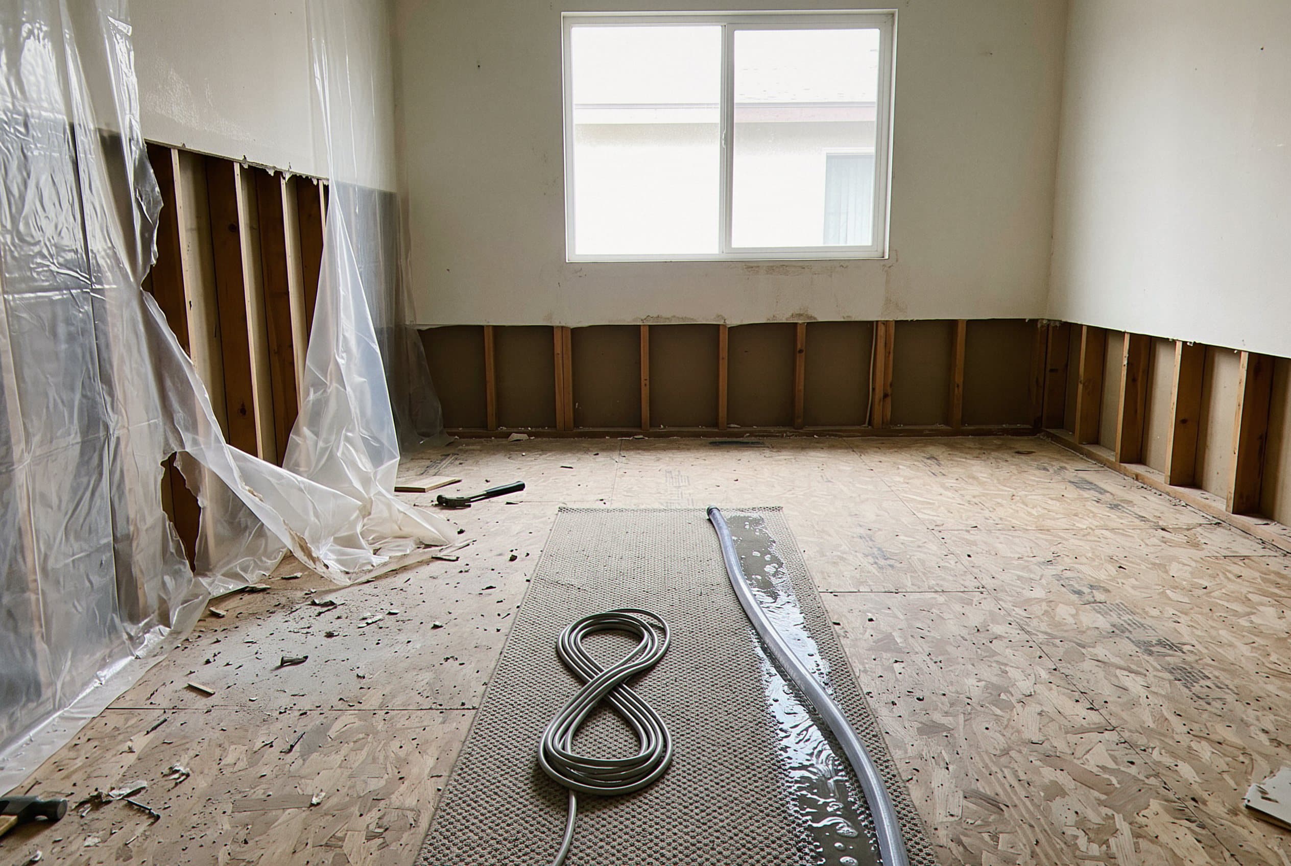 Visible damage to drywall, flooring, and trim from water