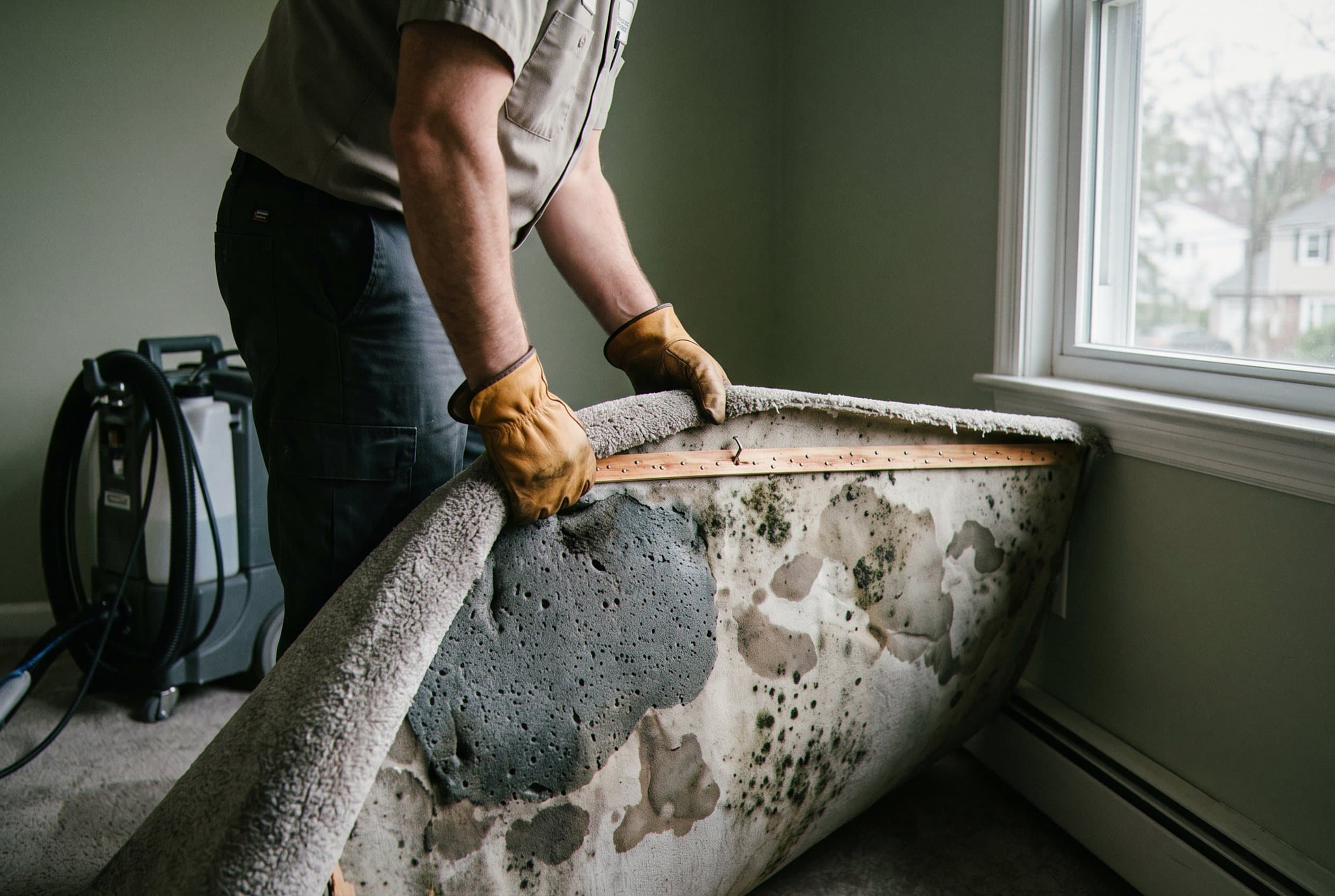 Technician using powerful extractor on soaked carpet pad