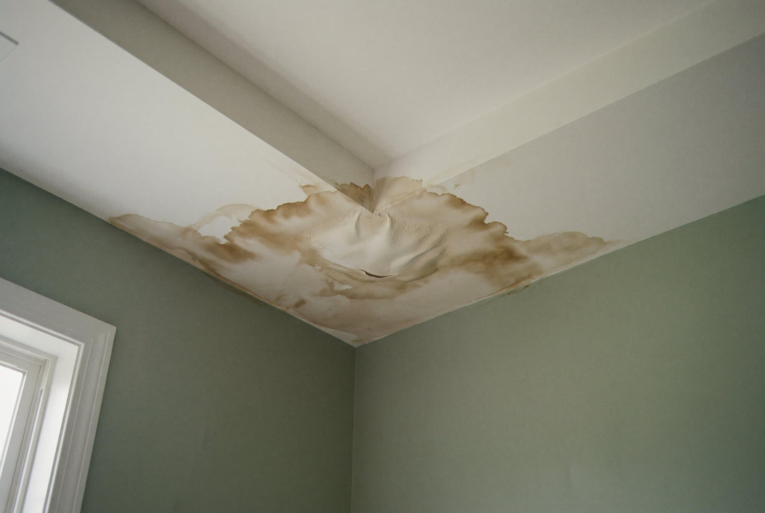 Damp stains on wall and ceiling indicating hidden water damage