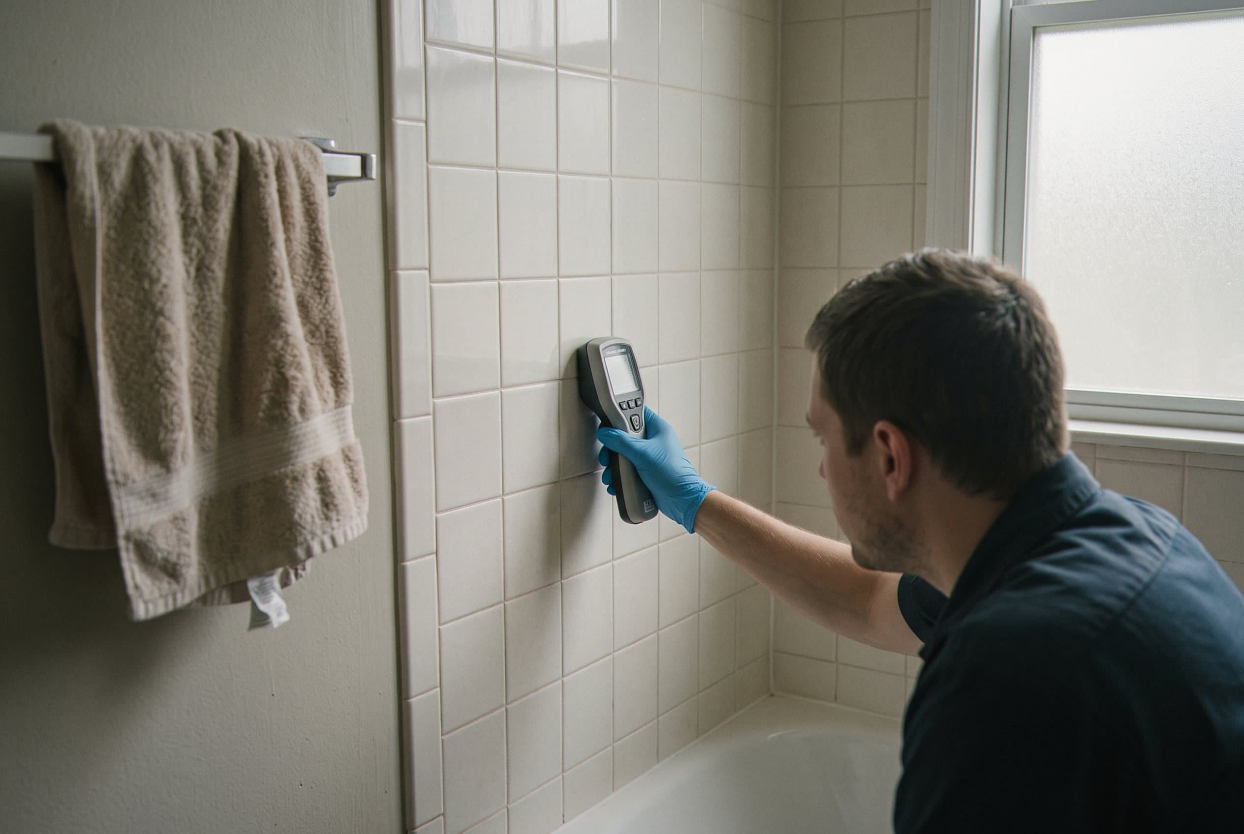 Technician using detection equipment to locate leak source
